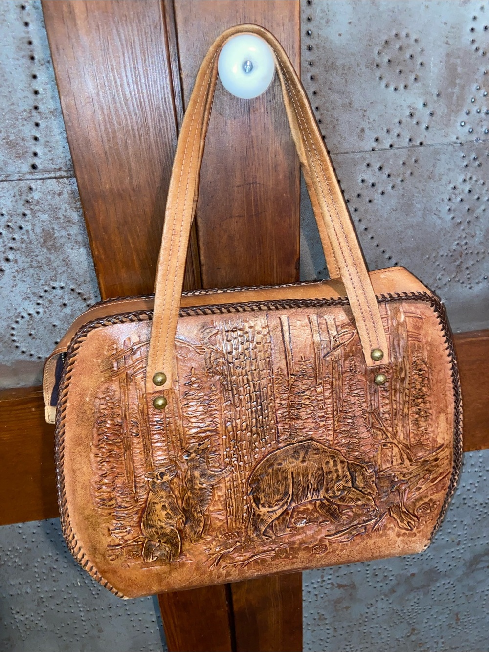 Vintage 60s 70s Hand Tooled Leather Purse  Bear Woodland Wildlife Western